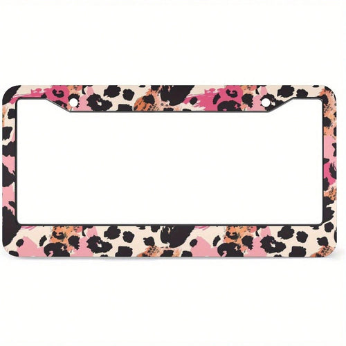 1 Piece, Size 12x6inch, 2-Hole Pink And Black Leopard Print License Plate Frame, Suitable For Women And Men- Cute Metal License Plate Holder, Decorative Front And Rear License Plate Cover, Stylish An