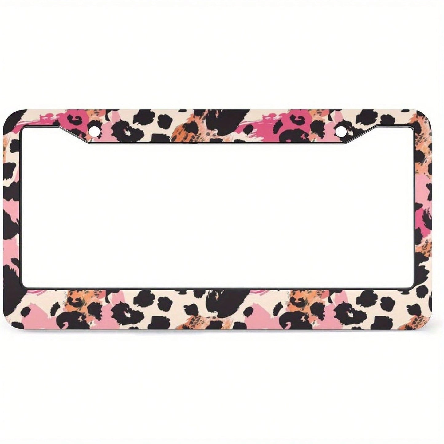 1 Piece, Size 12x6inch, 2-Hole Pink And Black Leopard Print License Plate Frame, Suitable For Women And Men- Cute Metal License Plate Holder, Decorative Front And Rear License Plate Cover, Stylish An