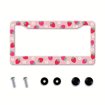 1 Piece Strawberry Floral Aluminum License Plate Frame, Rust-Proof, Universal Car Accessory Suitable For The USA, Canada, And Mexico, Comes With Installation Accessories, Cute Car Decoration License P