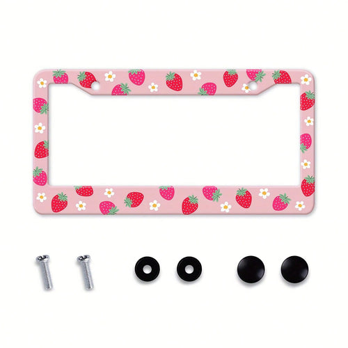 1 Piece Strawberry Floral Aluminum License Plate Frame, Rust-Proof, Universal Car Accessory Suitable For The USA, Canada, And Mexico, Comes With Installation Accessories, Cute Car Decoration License P