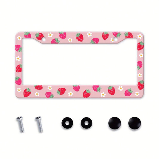 1 Piece Strawberry Floral Aluminum License Plate Frame, Rust-Proof, Universal Car Accessory Suitable For The USA, Canada, And Mexico, Comes With Installation Accessories, Cute Car Decoration License P