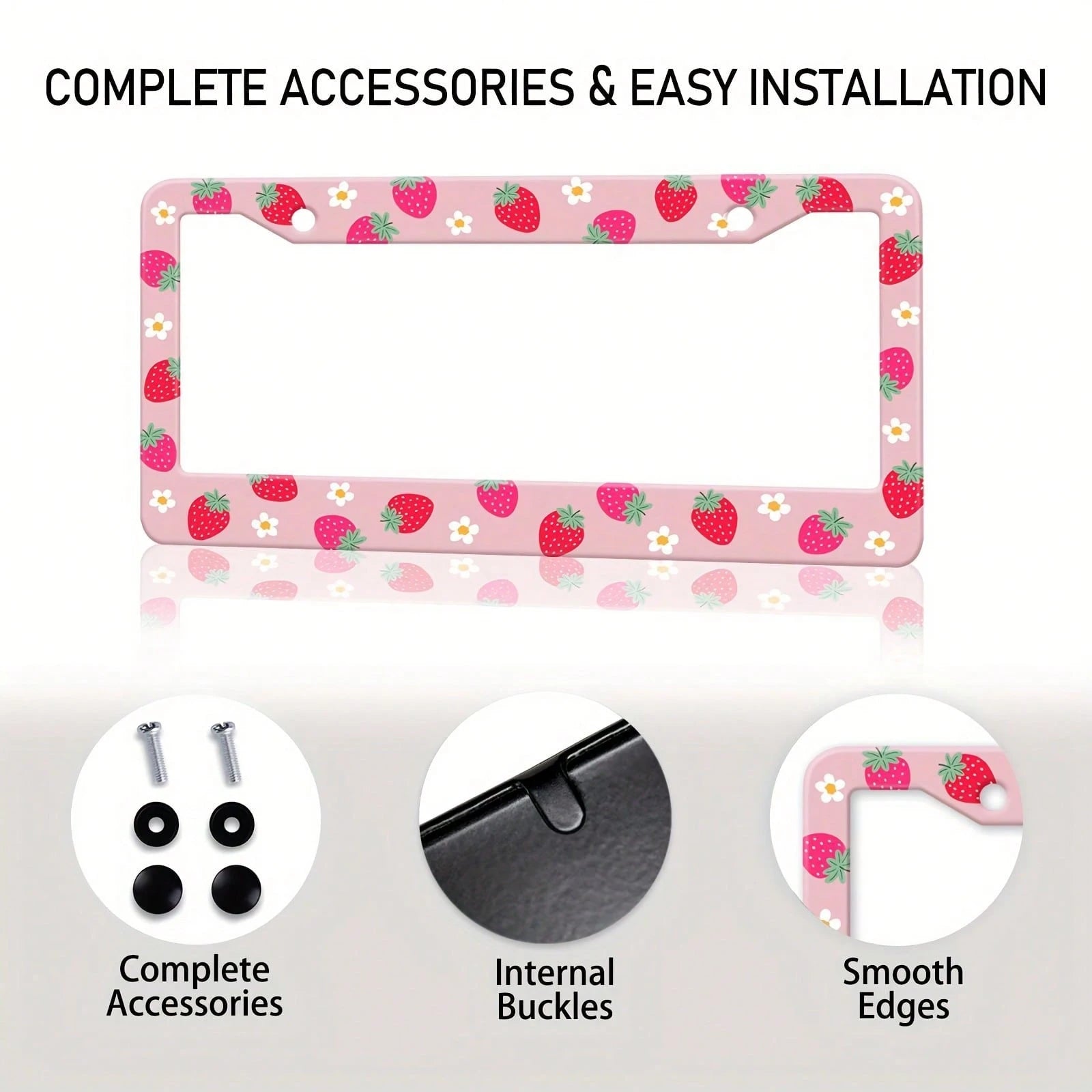 1 Piece Strawberry Floral Aluminum License Plate Frame, Rust-Proof, Universal Car Accessory Suitable For The USA, Canada, And Mexico, Comes With Installation Accessories, Cute Car Decoration License P