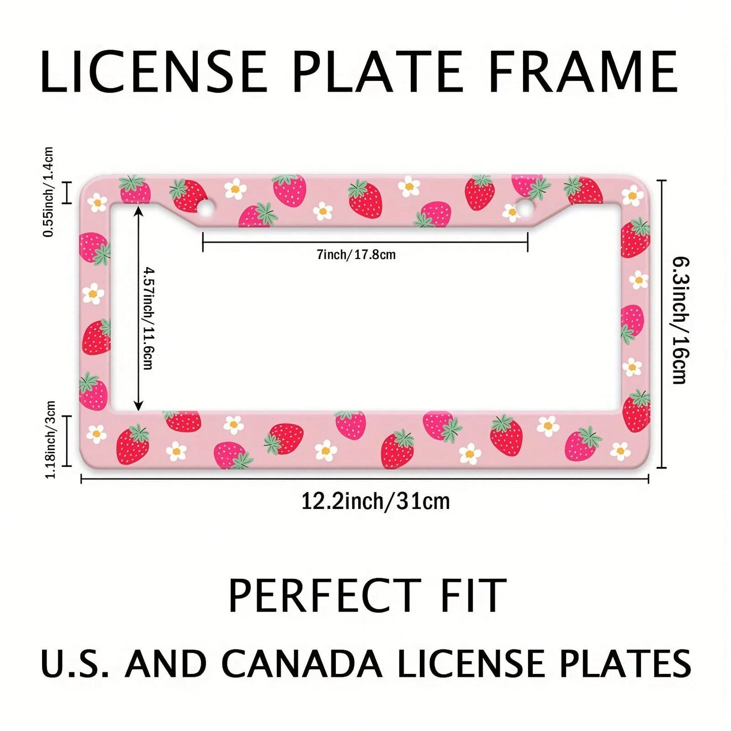 1 Piece Strawberry Floral Aluminum License Plate Frame, Rust-Proof, Universal Car Accessory Suitable For The USA, Canada, And Mexico, Comes With Installation Accessories, Cute Car Decoration License P