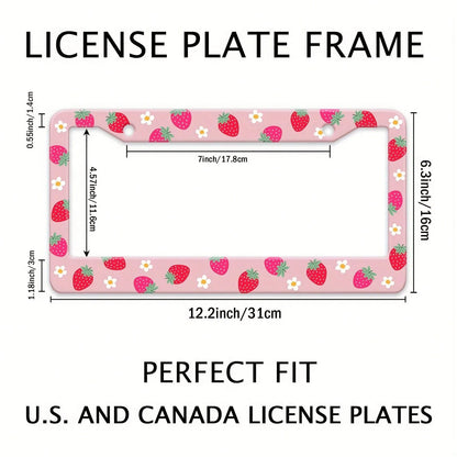 1 Piece Strawberry Floral Aluminum License Plate Frame, Rust-Proof, Universal Car Accessory Suitable For The USA, Canada, And Mexico, Comes With Installation Accessories, Cute Car Decoration License P