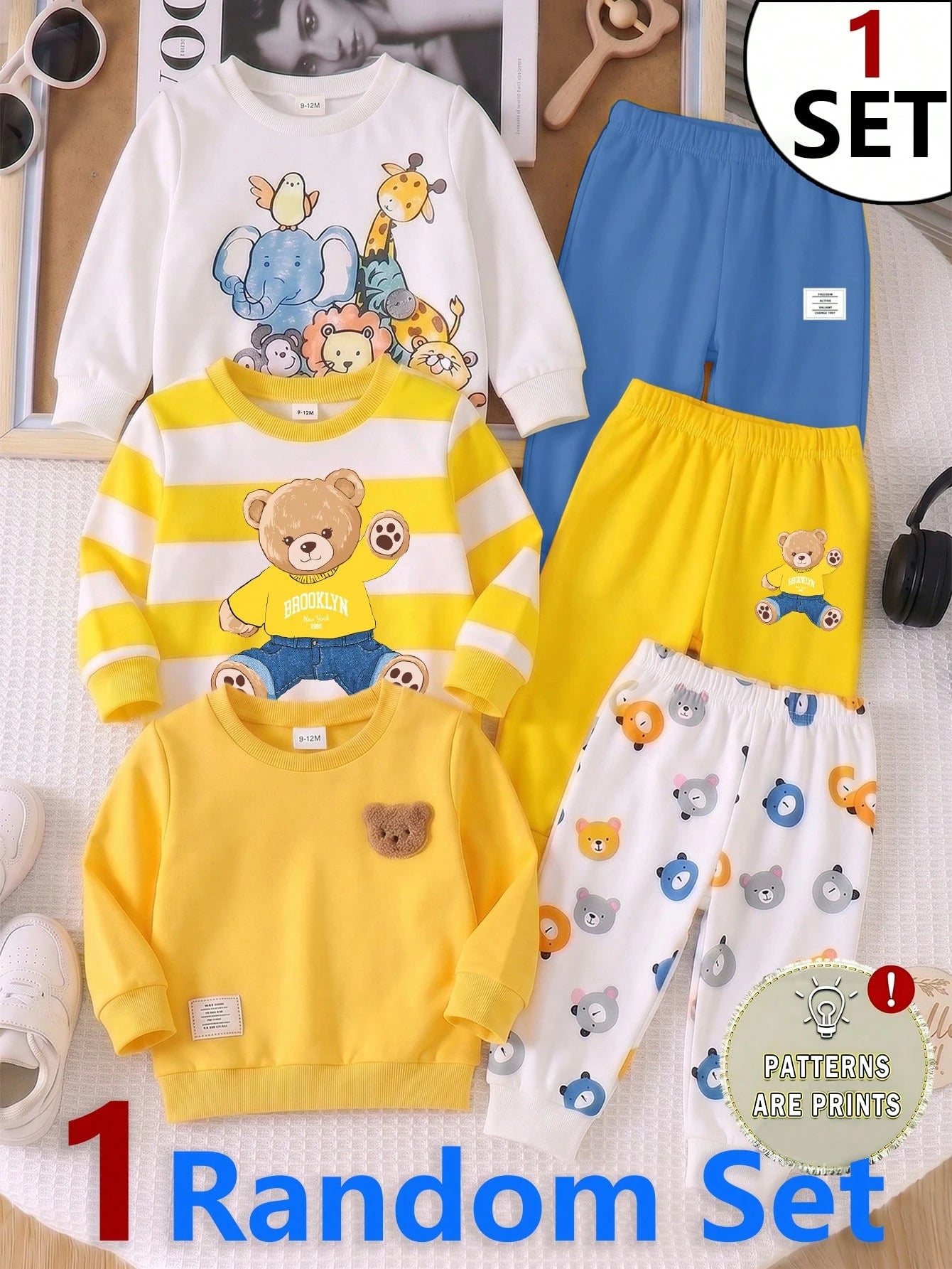 1 Random Set,Boys Yellow White Blue Striped Bear Animal Print Long Sleeve Shirts Sets Back To School Loose Ribbed Cuffs Sweatshirts Tops Pant