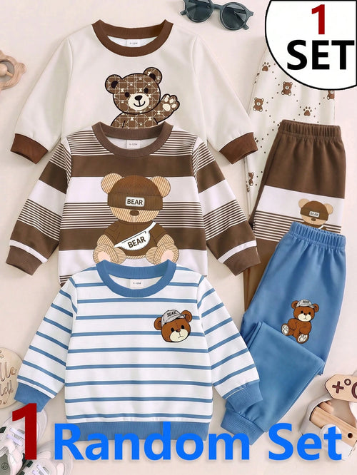 1 Random Set,Baby Boy Fall Brown White Striped Bear Print Sweaters Set Long Sleeve Loose Casual Letter Detail Ribbed Cuffs Tops Shirts Outfits