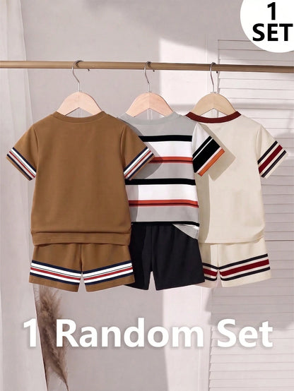 1 Random Set, Street Classic Business Handsome Striped Minimalist Classic Print And Design Logo Print Pattern Crew Neck T-Shirt Top