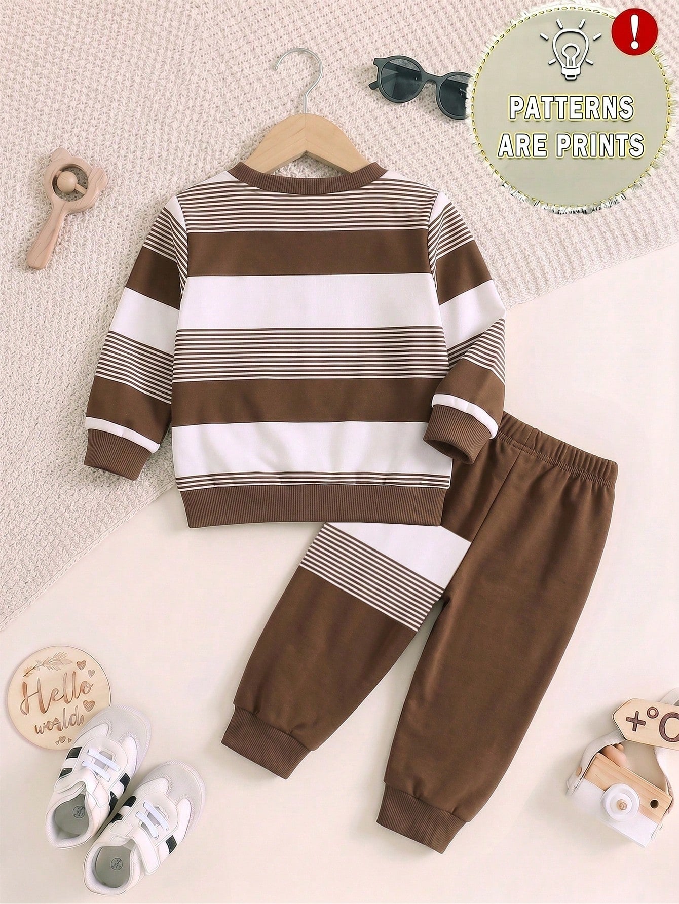 1 Random Set,Baby Boy Fall Brown White Striped Bear Print Sweaters Set Long Sleeve Loose Casual Letter Detail Ribbed Cuffs Tops Shirts Outfits