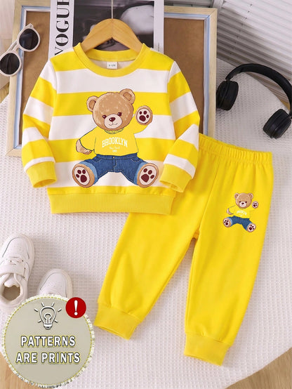1 Random Set,Boys Yellow White Blue Striped Bear Animal Print Long Sleeve Shirts Sets Back To School Loose Ribbed Cuffs Sweatshirts Tops Pant
