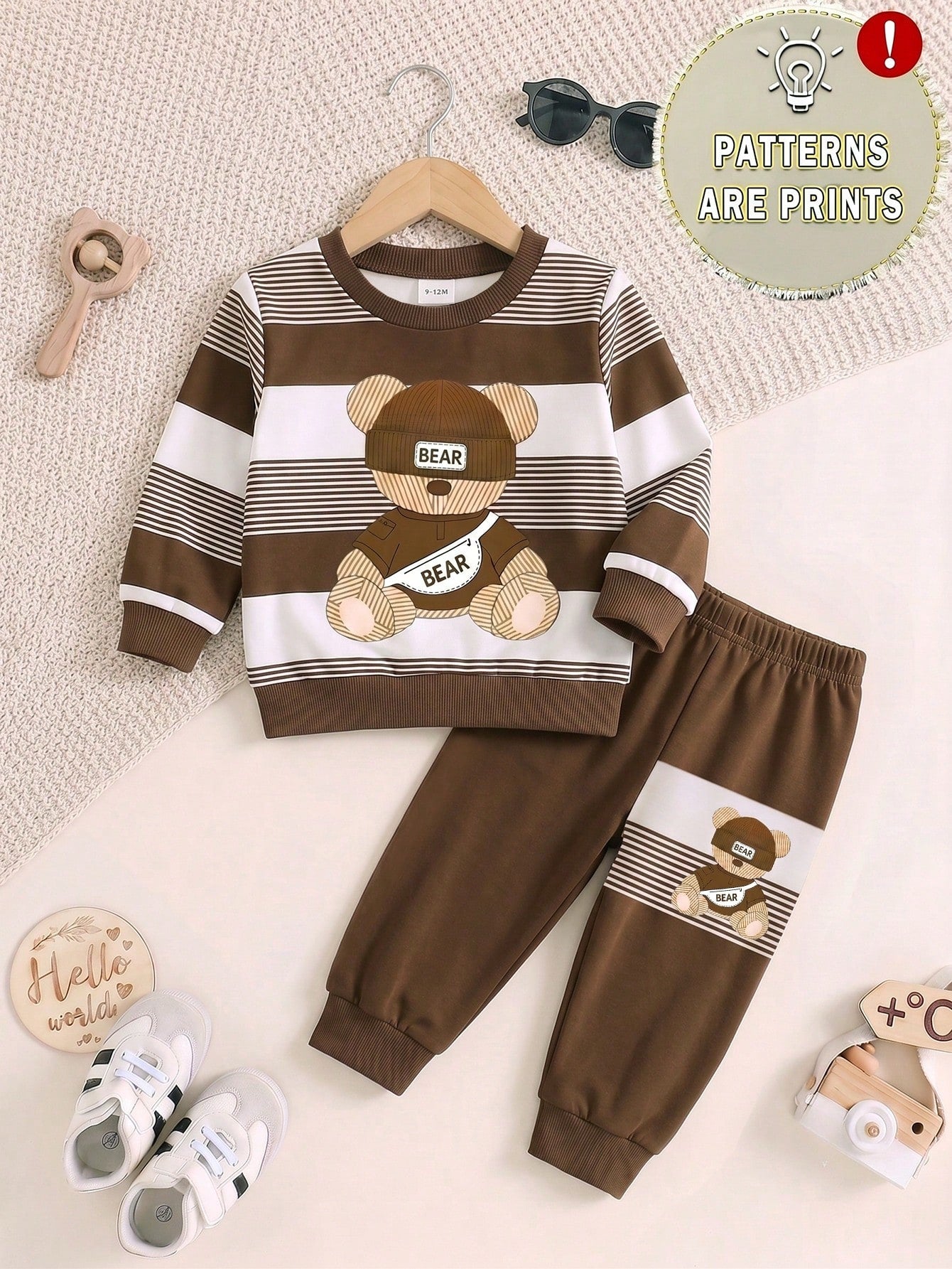 1 Random Set,Baby Boy Fall Brown White Striped Bear Print Sweaters Set Long Sleeve Loose Casual Letter Detail Ribbed Cuffs Tops Shirts Outfits