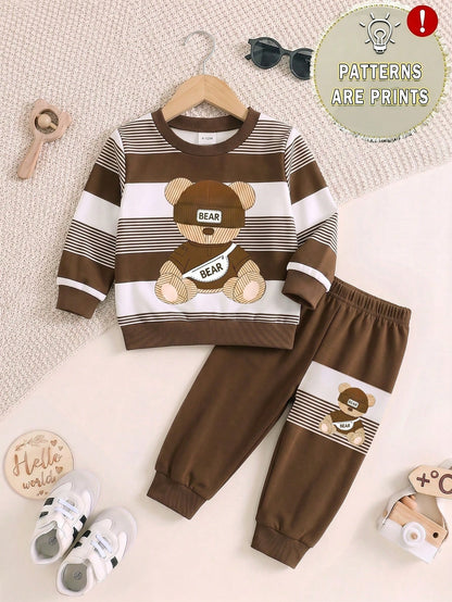 1 Random Set,Baby Boy Fall Brown White Striped Bear Print Sweaters Set Long Sleeve Loose Casual Letter Detail Ribbed Cuffs Tops Shirts Outfits