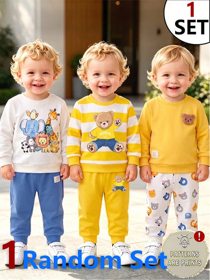 1 Random Set,Boys Yellow White Blue Striped Bear Animal Print Long Sleeve Shirts Sets Back To School Loose Ribbed Cuffs Sweatshirts Tops Pant