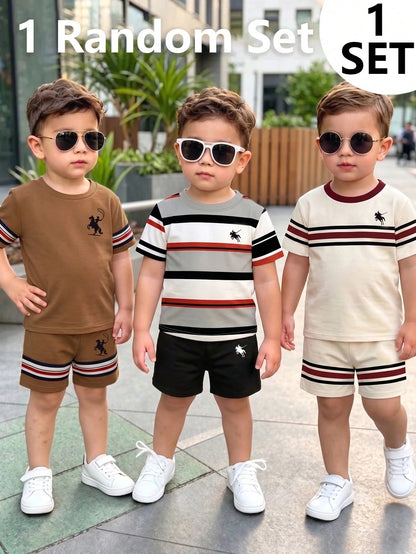1 Random Set, Street Classic Business Handsome Striped Minimalist Classic Print And Design Logo Print Pattern Crew Neck T-Shirt Top
