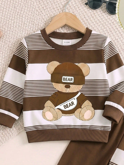 1 Random Set,Baby Boy Fall Brown White Striped Bear Print Sweaters Set Long Sleeve Loose Casual Letter Detail Ribbed Cuffs Tops Shirts Outfits