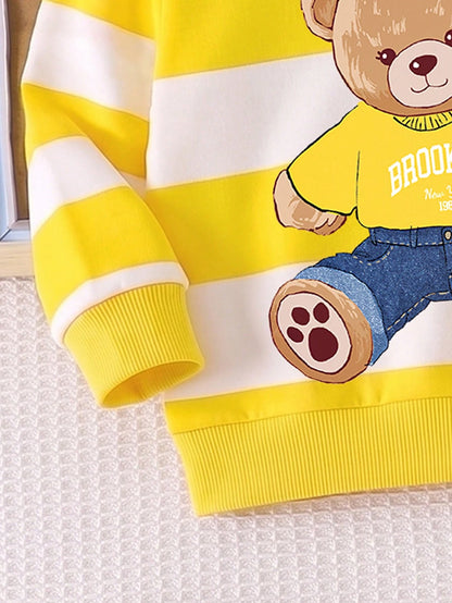 1 Random Set,Boys Yellow White Blue Striped Bear Animal Print Long Sleeve Shirts Sets Back To School Loose Ribbed Cuffs Sweatshirts Tops Pant