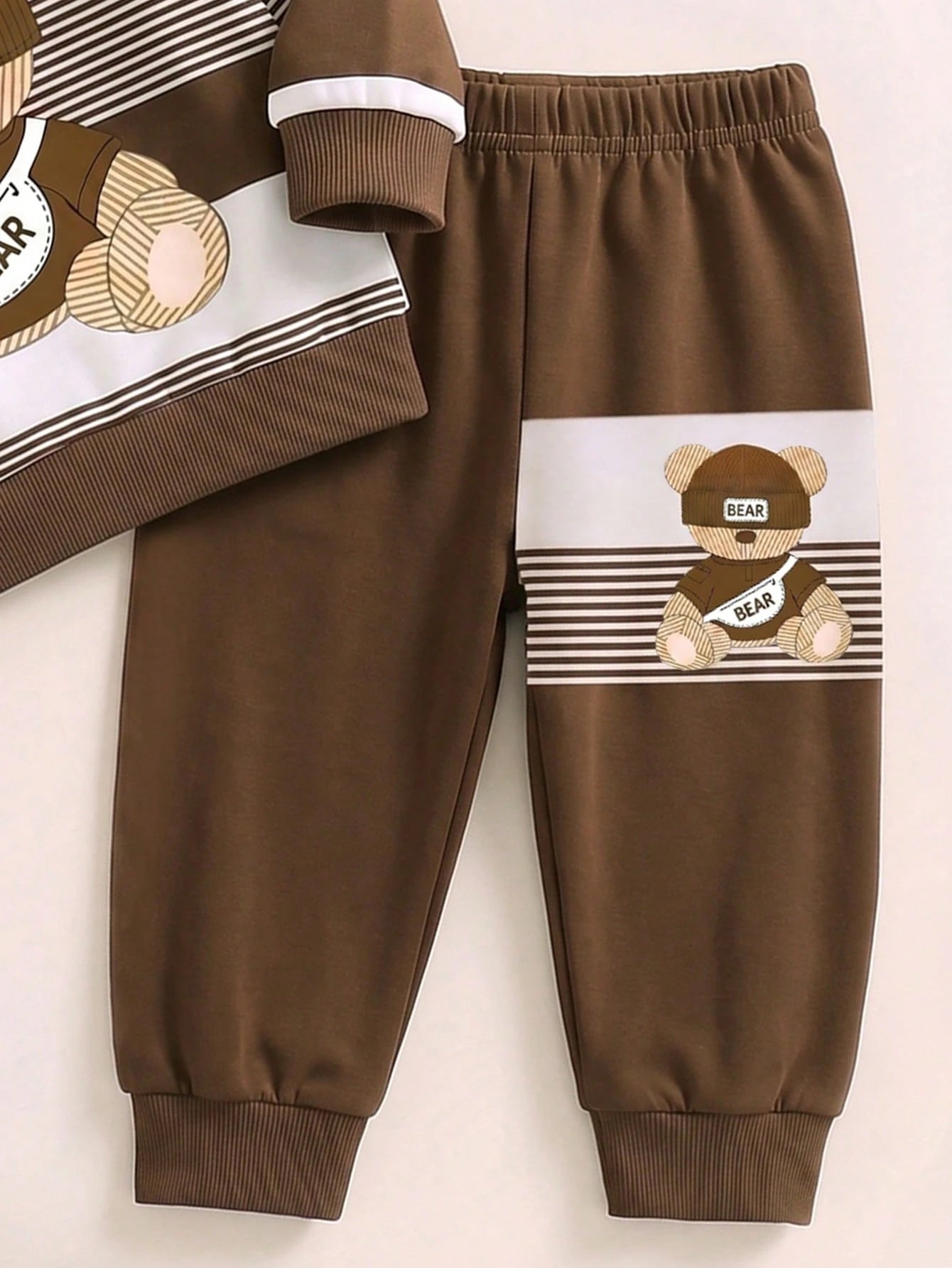 1 Random Set,Baby Boy Fall Brown White Striped Bear Print Sweaters Set Long Sleeve Loose Casual Letter Detail Ribbed Cuffs Tops Shirts Outfits