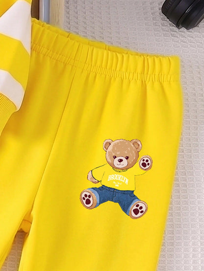 1 Random Set,Boys Yellow White Blue Striped Bear Animal Print Long Sleeve Shirts Sets Back To School Loose Ribbed Cuffs Sweatshirts Tops Pant