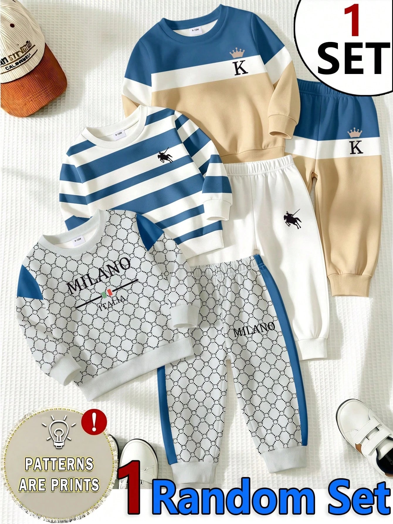 1 Random Set,Boys Yellow White Blue Striped Bear Animal Print Long Sleeve Shirts Sets Back To School Loose Ribbed Cuffs Sweatshirts Tops Pant