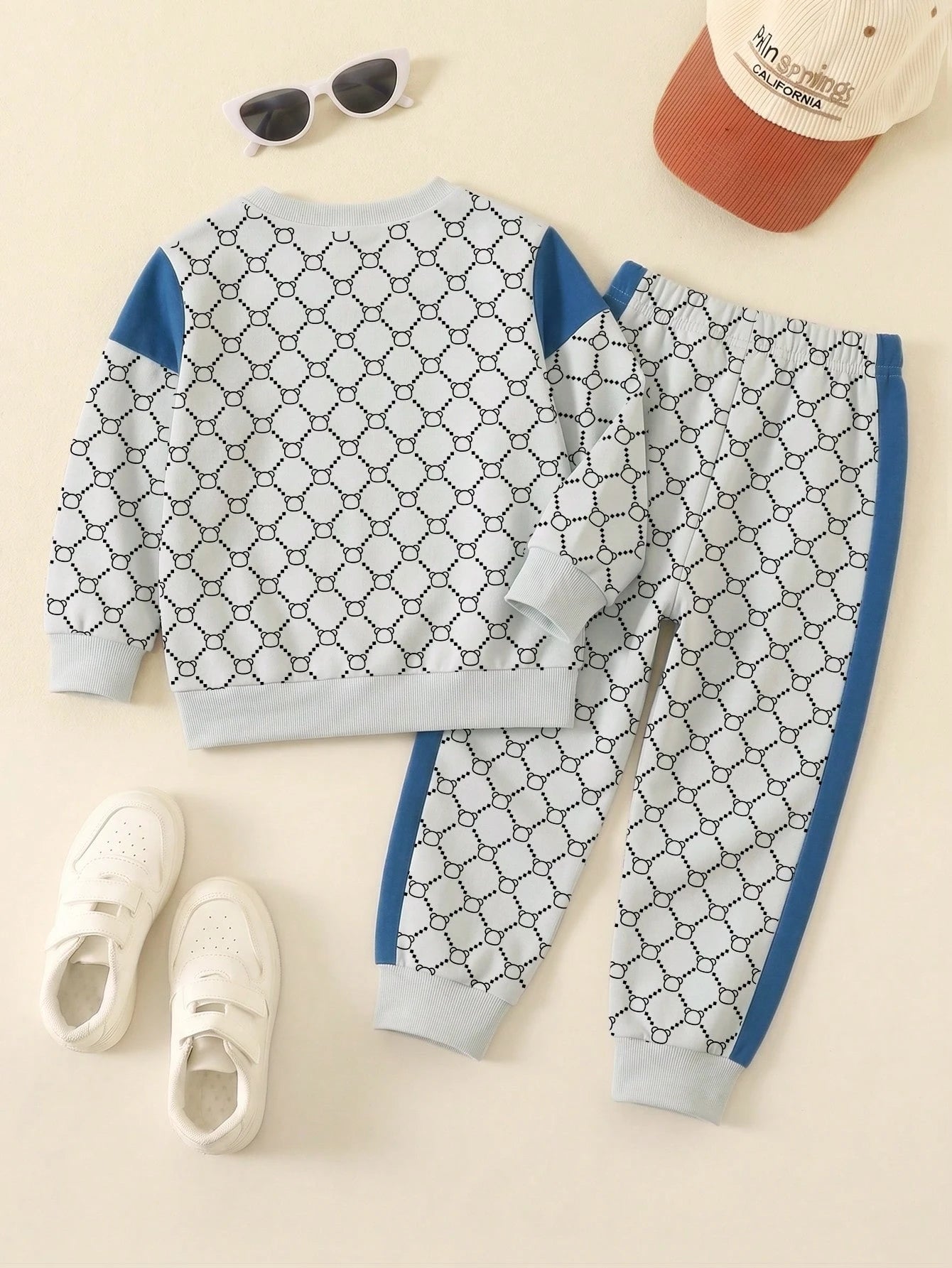 1 Random Set,Boys Yellow White Blue Striped Bear Animal Print Long Sleeve Shirts Sets Back To School Loose Ribbed Cuffs Sweatshirts Tops Pant