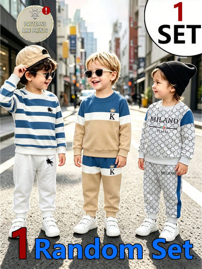 1 Random Set,Baby Boy Fall Brown White Striped Bear Print Sweaters Set Long Sleeve Loose Casual Letter Detail Ribbed Cuffs Tops Shirts Outfits