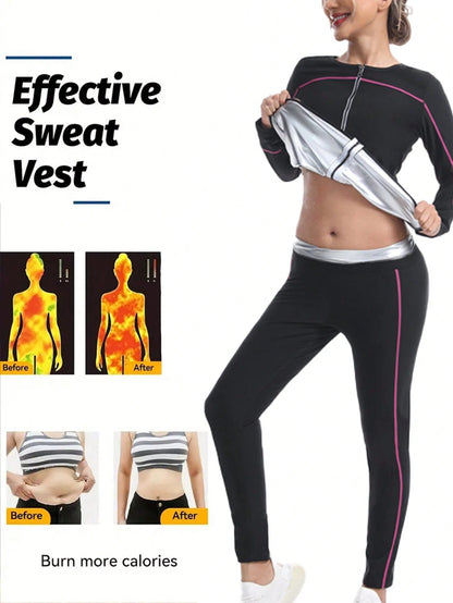 1 Set 2025 New Women's Outdoor Running/Fitness Long Sleeve Top + Long Pants, Top + Bottoms, Magenta Color Lines, Zipper Waist Training Suit Fall