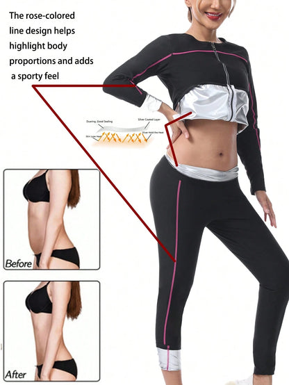 1 Set 2025 New Women's Outdoor Running/Fitness Long Sleeve Top + Long Pants, Top + Bottoms, Magenta Color Lines, Zipper Waist Training Suit Fall