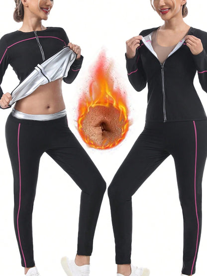 1 Set 2025 New Women's Outdoor Running/Fitness Long Sleeve Top + Long Pants, Top + Bottoms, Magenta Color Lines, Zipper Waist Training Suit Fall