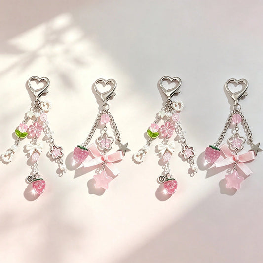 1 Set 4pcs Unisex Cute Strawberry Summer Fresh Fruit Keychain Couple Best Friend Gift Bag Charm