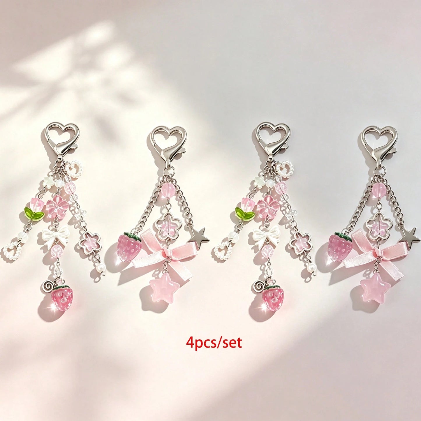 1 Set 4pcs Unisex Cute Strawberry Summer Fresh Fruit Keychain Couple Best Friend Gift Bag Charm