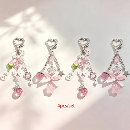 1 Set 4pcs Unisex Cute Strawberry Summer Fresh Fruit Keychain Couple Best Friend Gift Bag Charm