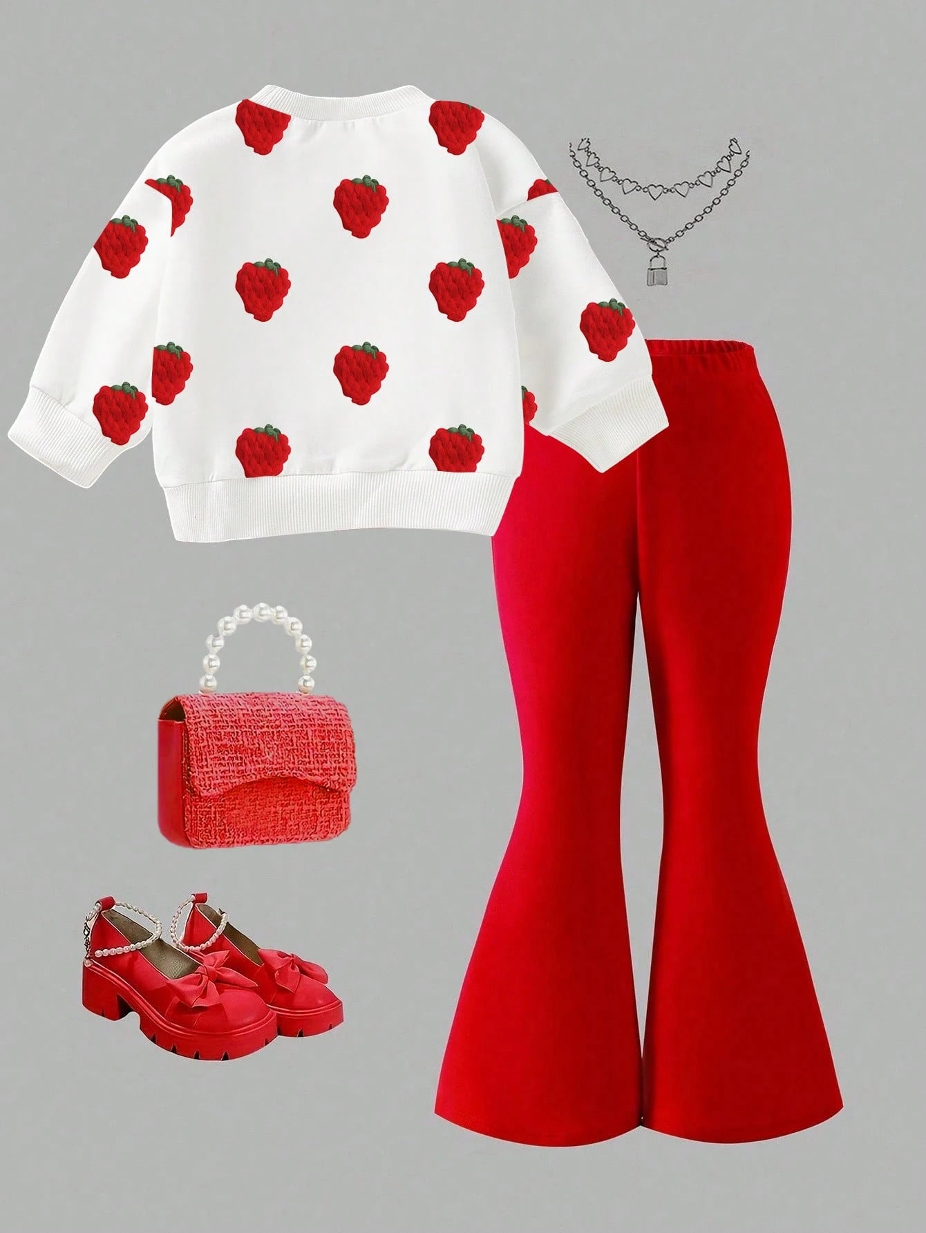 1 Set Baby Girls Casual Fashionable Sweet Cute Strawberry Print White Crew Neck Sweatshirt And Red Flared Pants Autumn/Winter Girl Two Pieces Outfit
