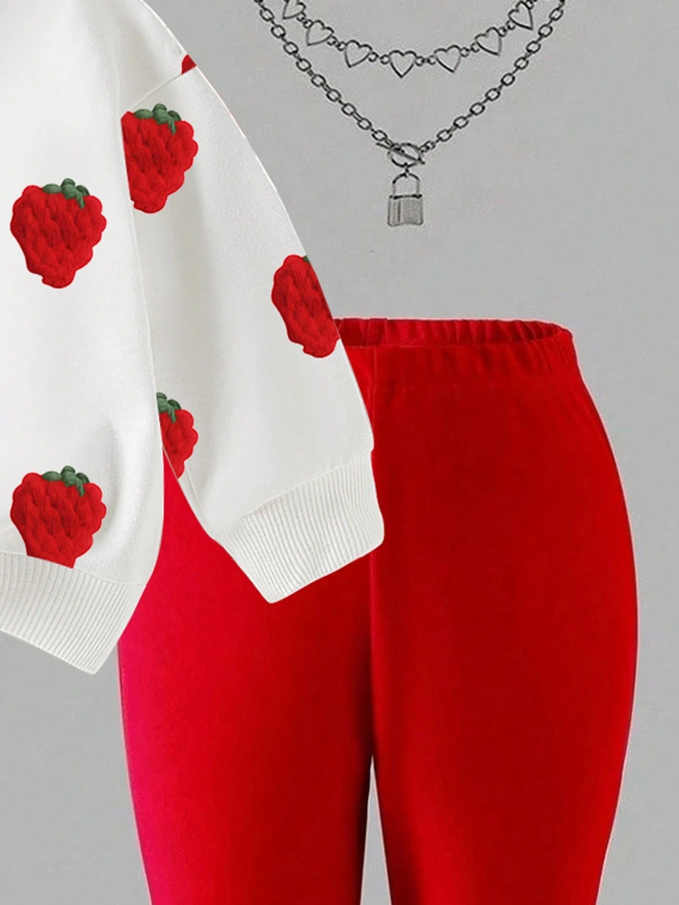 1 Set Baby Girls Casual Fashionable Sweet Cute Strawberry Print White Crew Neck Sweatshirt And Red Flared Pants Autumn/Winter Girl Two Pieces Outfit