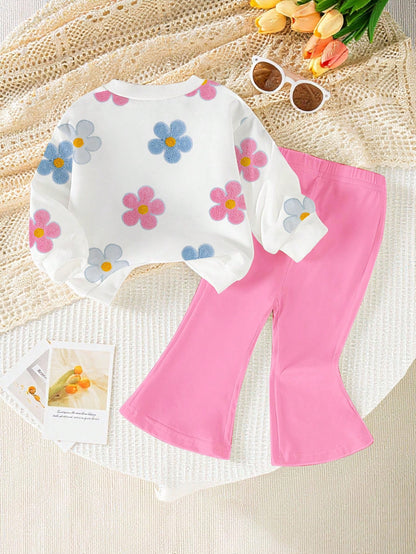 1 Set Baby Girls Casual Fashionable Sweet Cute Strawberry Print White Crew Neck Sweatshirt And Red Flared Pants Autumn/Winter Girl Two Pieces Outfit