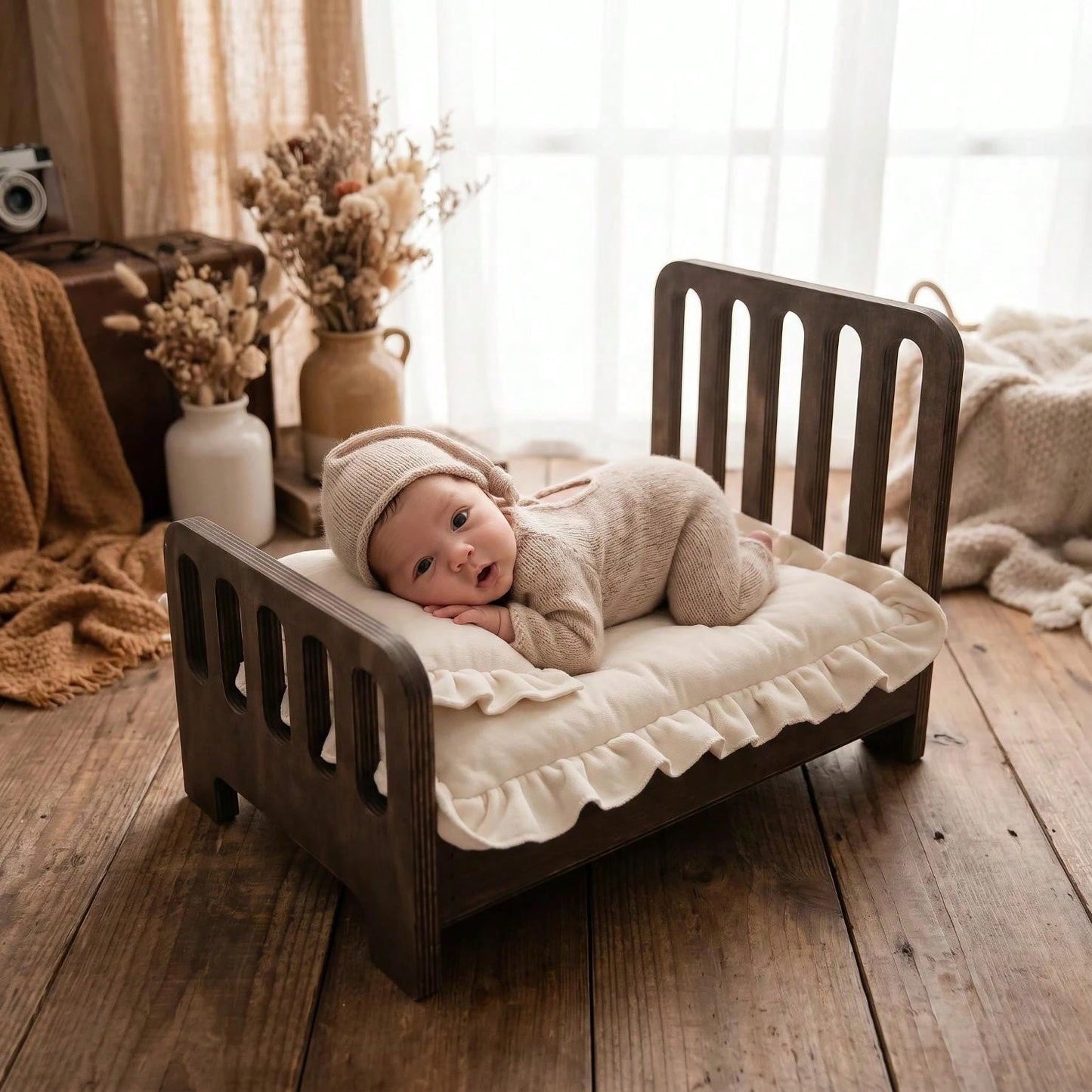 1 Set Newborn Striped White & Coffee Wooden Photography Props With Matching Mattress, Vintage Style Baby Wooden Bed Prop ➕ Matching Mattress, Suitable For Newborn Photo Shoots, Portrait Photography, A