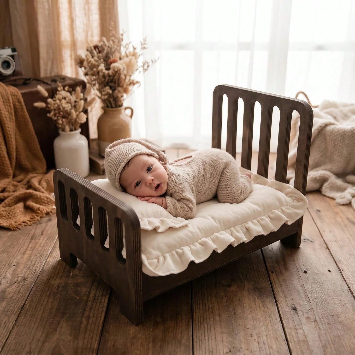 1 Set Newborn Striped White & Coffee Wooden Photography Props With Matching Mattress, Vintage Style Baby Wooden Bed Prop ➕ Matching Mattress, Suitable For Newborn Photo Shoots, Portrait Photography, A