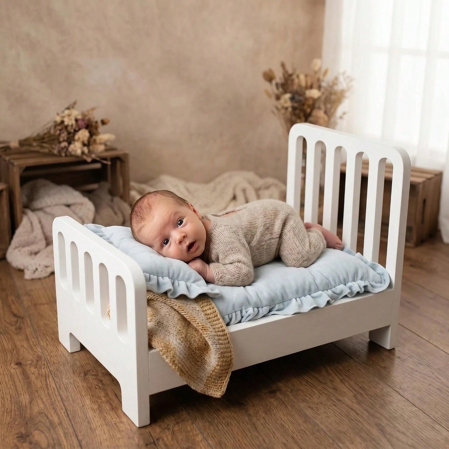 1 Set Newborn Striped White & Coffee Wooden Photography Props With Matching Mattress, Vintage Style Baby Wooden Bed Prop ➕ Matching Mattress, Suitable For Newborn Photo Shoots, Portrait Photography, A