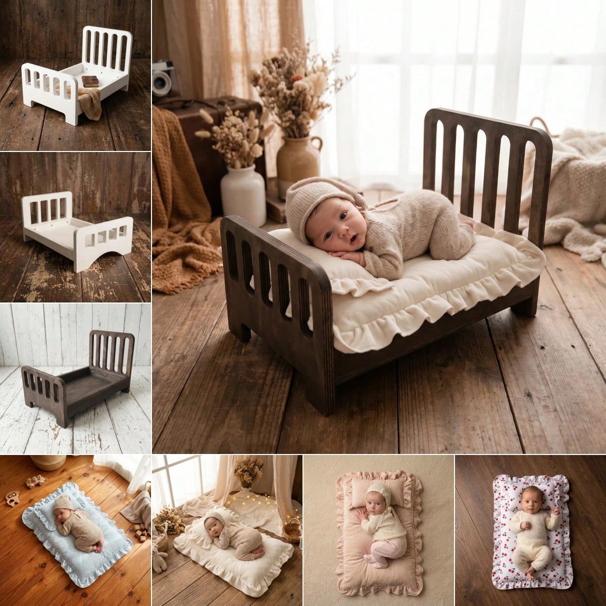 1 Set Newborn Striped White & Coffee Wooden Photography Props With Matching Mattress, Vintage Style Baby Wooden Bed Prop ➕ Matching Mattress, Suitable For Newborn Photo Shoots, Portrait Photography, A