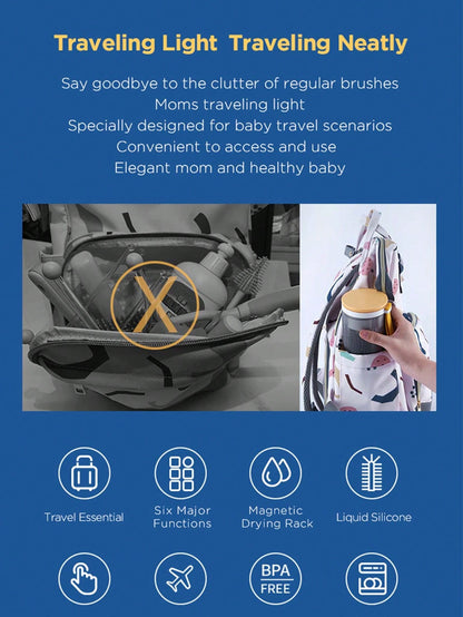 1 Set Portable Bottle Brush Kit, Silicone Bottle & Nipple Brush, Drying Rack, For Travel
