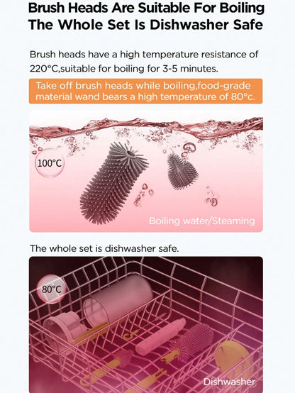 1 Set Portable Bottle Brush Kit, Silicone Bottle & Nipple Brush, Drying Rack, For Travel