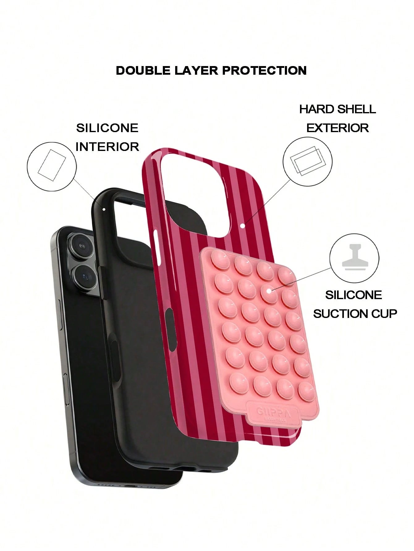 1 Set Red Striped Pattern Phone Case With Pink Suction Cup, Suitable For IPhone 17 Pro Max, 16 Pro Max, 15 Pro Max, 14 Pro Max, Korean Stylish And Interesting Phone Case, Compatible With IPhone 11/12
