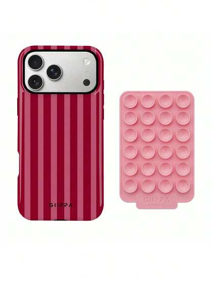 1 Set Red Striped Pattern Phone Case With Pink Suction Cup, Suitable For IPhone 17 Pro Max, 16 Pro Max, 15 Pro Max, 14 Pro Max, Korean Stylish And Interesting Phone Case, Compatible With IPhone 11/12