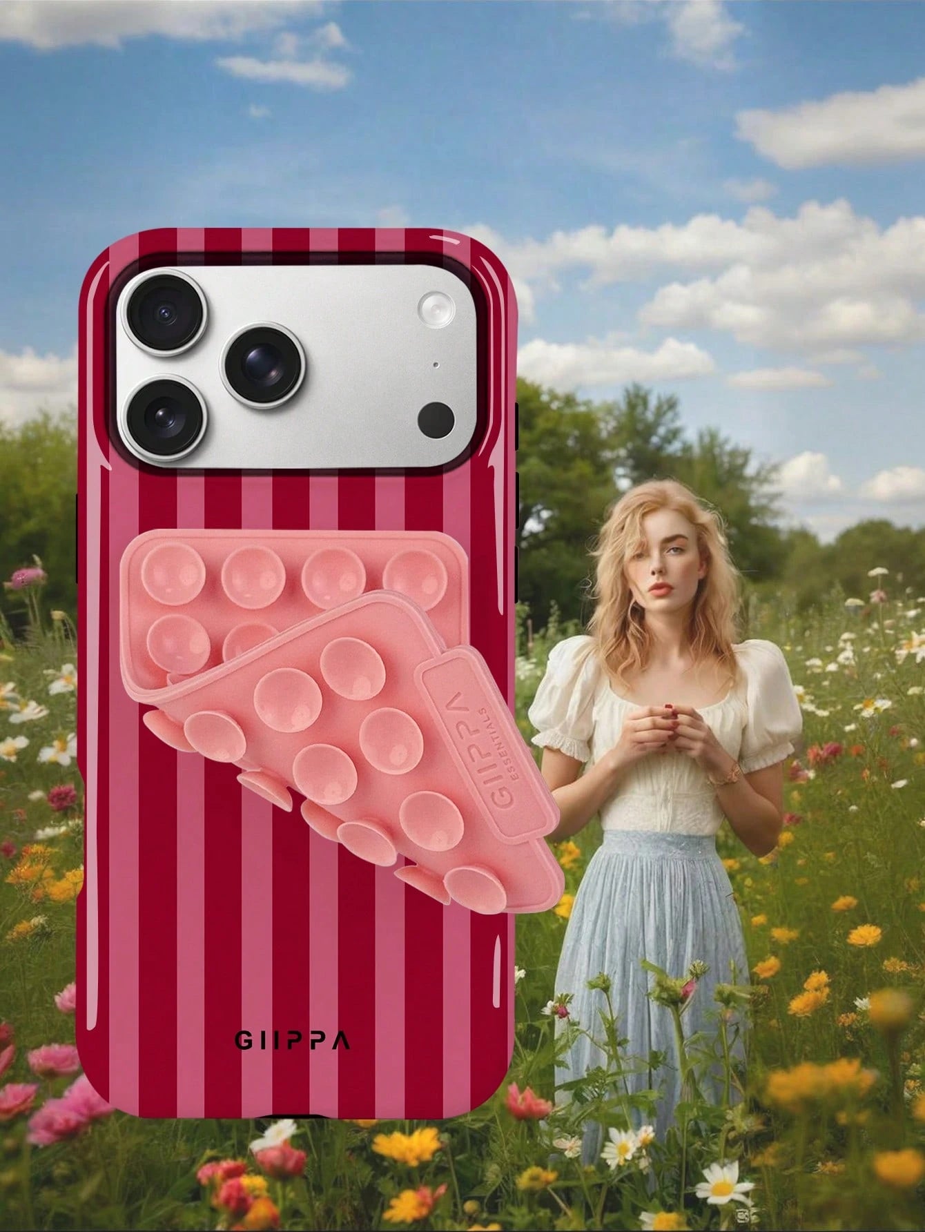 1 Set Red Striped Pattern Phone Case With Pink Suction Cup, Suitable For IPhone 17 Pro Max, 16 Pro Max, 15 Pro Max, 14 Pro Max, Korean Stylish And Interesting Phone Case, Compatible With IPhone 11/12
