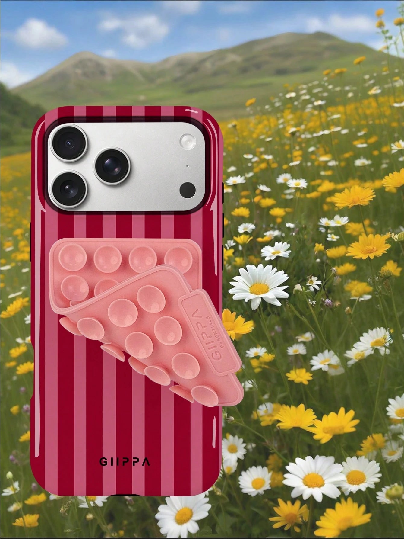 1 Set Red Striped Pattern Phone Case With Pink Suction Cup, Suitable For IPhone 17 Pro Max, 16 Pro Max, 15 Pro Max, 14 Pro Max, Korean Stylish And Interesting Phone Case, Compatible With IPhone 11/12