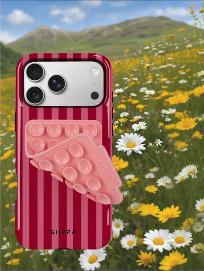 1 Set Red Striped Pattern Phone Case With Pink Suction Cup, Suitable For IPhone 17 Pro Max, 16 Pro Max, 15 Pro Max, 14 Pro Max, Korean Stylish And Interesting Phone Case, Compatible With IPhone 11/12