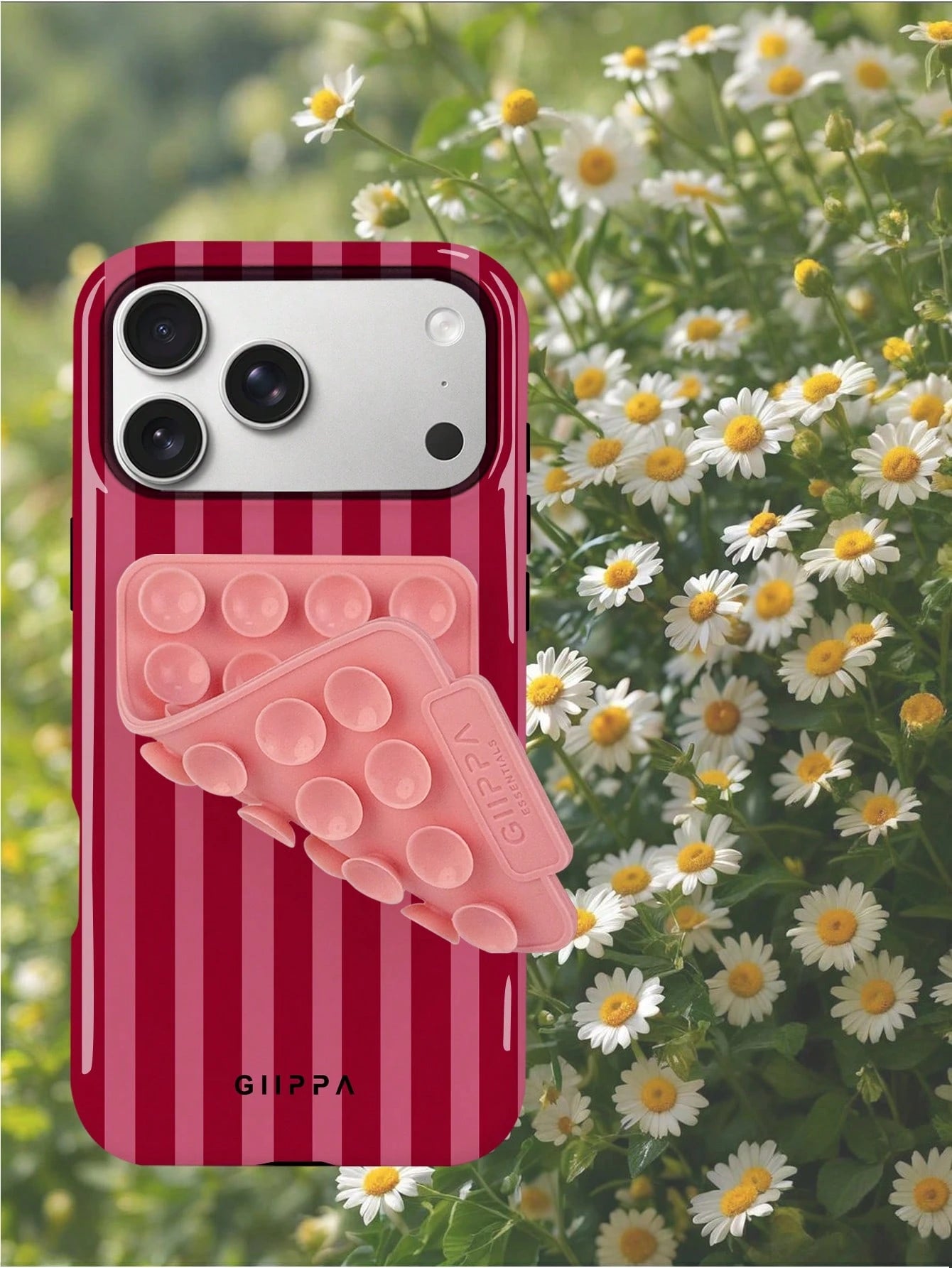 1 Set Red Striped Pattern Phone Case With Pink Suction Cup, Suitable For IPhone 17 Pro Max, 16 Pro Max, 15 Pro Max, 14 Pro Max, Korean Stylish And Interesting Phone Case, Compatible With IPhone 11/12