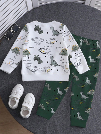 1 Set Spring/Autumn New Baby Boys Dinosaur Print Long Sleeve Crew Neck Sweatshirt & Long Pants 2-Piece Set, Fashion Casual Versatile Fit, Cool Hand-Drawn Dinosaur Full Print Design With Strong Atmosph