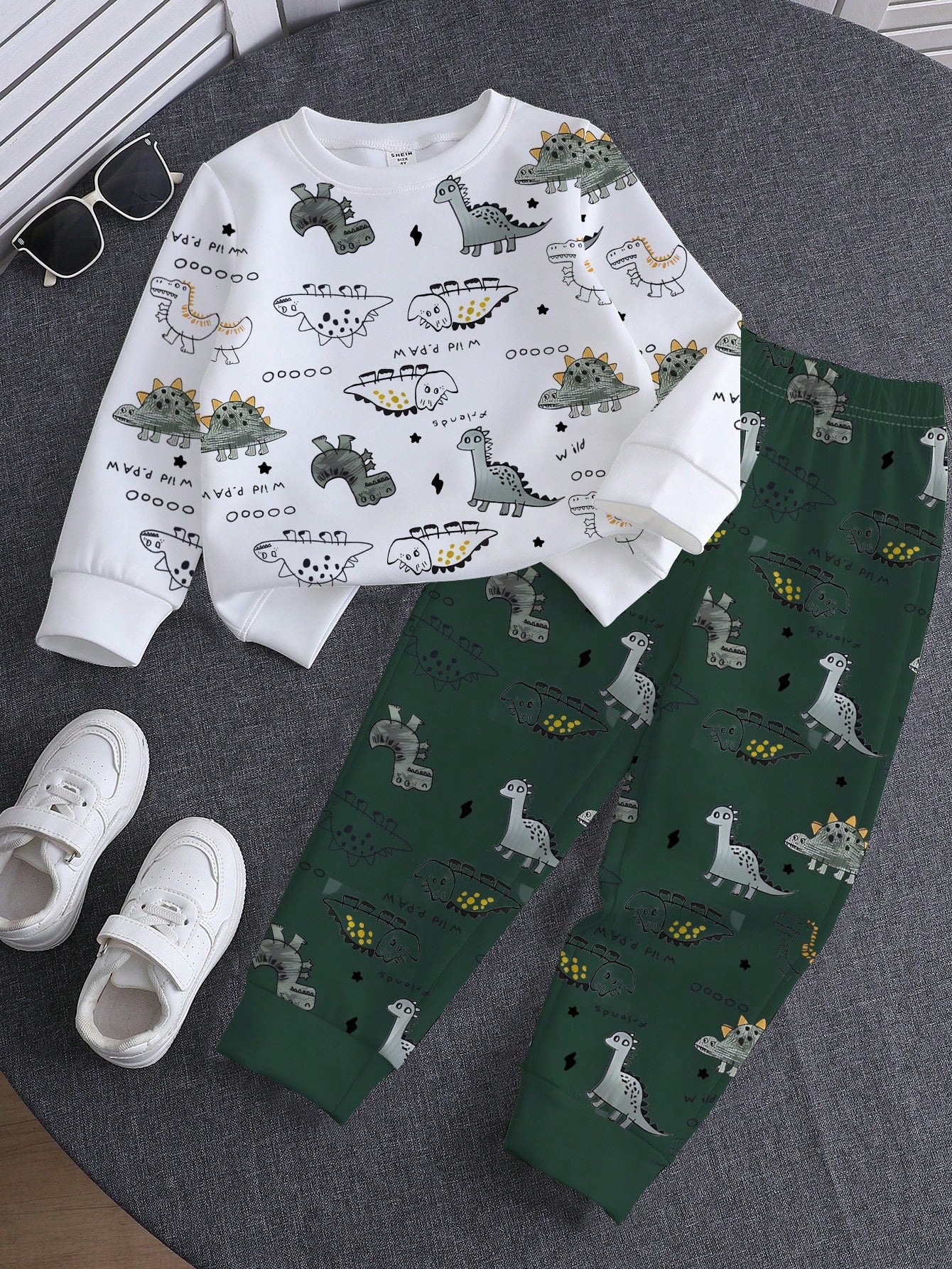 1 Set Spring/Autumn New Baby Boys Dinosaur Print Long Sleeve Crew Neck Sweatshirt & Long Pants 2-Piece Set, Fashion Casual Versatile Fit, Cool Hand-Drawn Dinosaur Full Print Design With Strong Atmosph