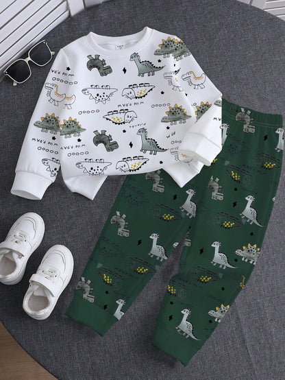 1 Set Spring/Autumn New Baby Boys Dinosaur Print Long Sleeve Crew Neck Sweatshirt & Long Pants 2-Piece Set, Fashion Casual Versatile Fit, Cool Hand-Drawn Dinosaur Full Print Design With Strong Atmosph