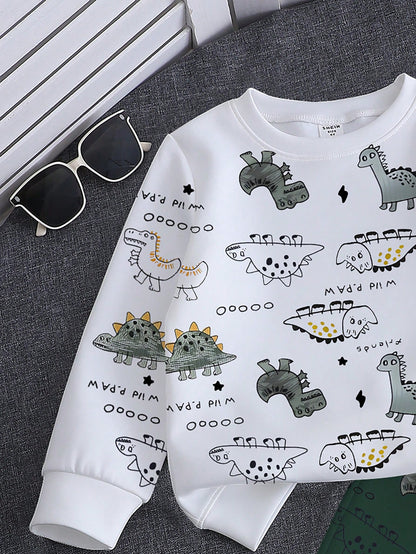 1 Set Spring/Autumn New Baby Boys Dinosaur Print Long Sleeve Crew Neck Sweatshirt & Long Pants 2-Piece Set, Fashion Casual Versatile Fit, Cool Hand-Drawn Dinosaur Full Print Design With Strong Atmosph