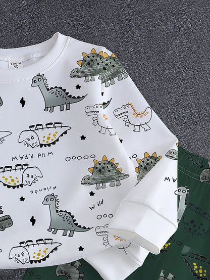 1 Set Spring/Autumn New Baby Boys Dinosaur Print Long Sleeve Crew Neck Sweatshirt & Long Pants 2-Piece Set, Fashion Casual Versatile Fit, Cool Hand-Drawn Dinosaur Full Print Design With Strong Atmosph